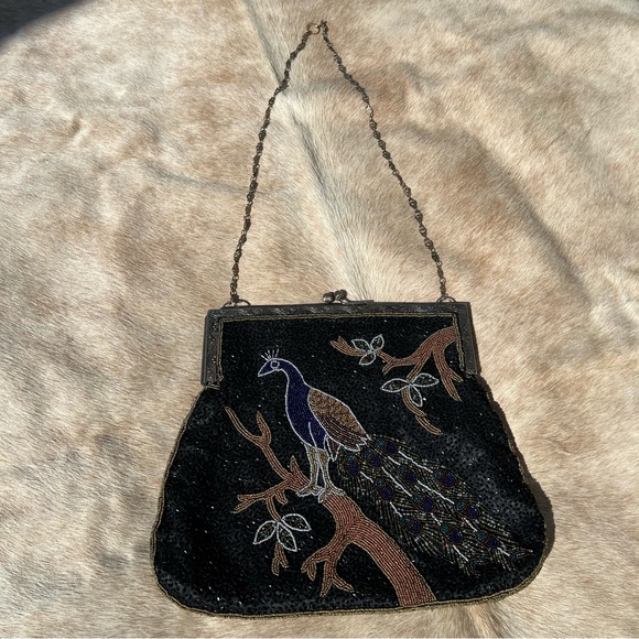 Antique Vintage Art Deco Large Beaded Sequin Peacock Long Chain Shoulder Bag - Picture 4 of 13